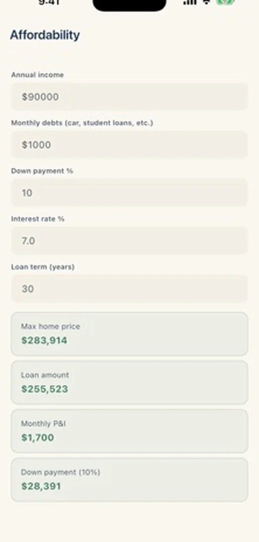 The affordability calculator working out a maximum home price from income and debts