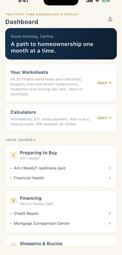 The First Home App dashboard, showing the stages of the homebuying journey