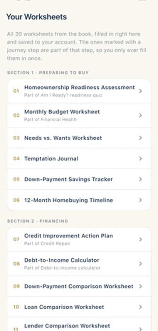 The list of 30 interactive worksheets inside the First Home App